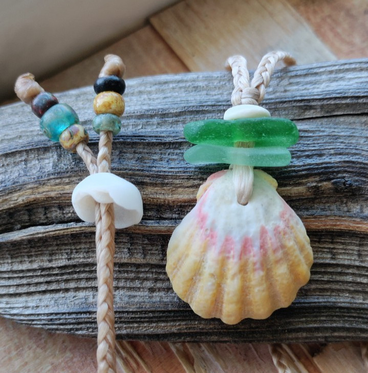 Sunrise Shell & Sea Glass Necklace Braid Beach Aloha Gift Puka Pecten Langfordi