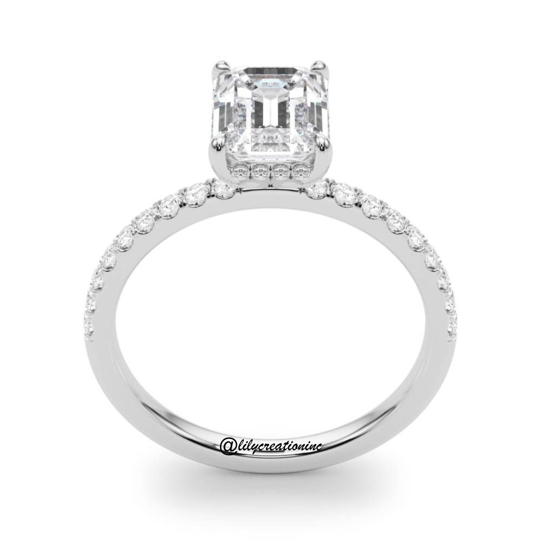 3Ct Emerald IGI Certified Lab Grown Diamond Engagement Ring Pavé Prong Platinum