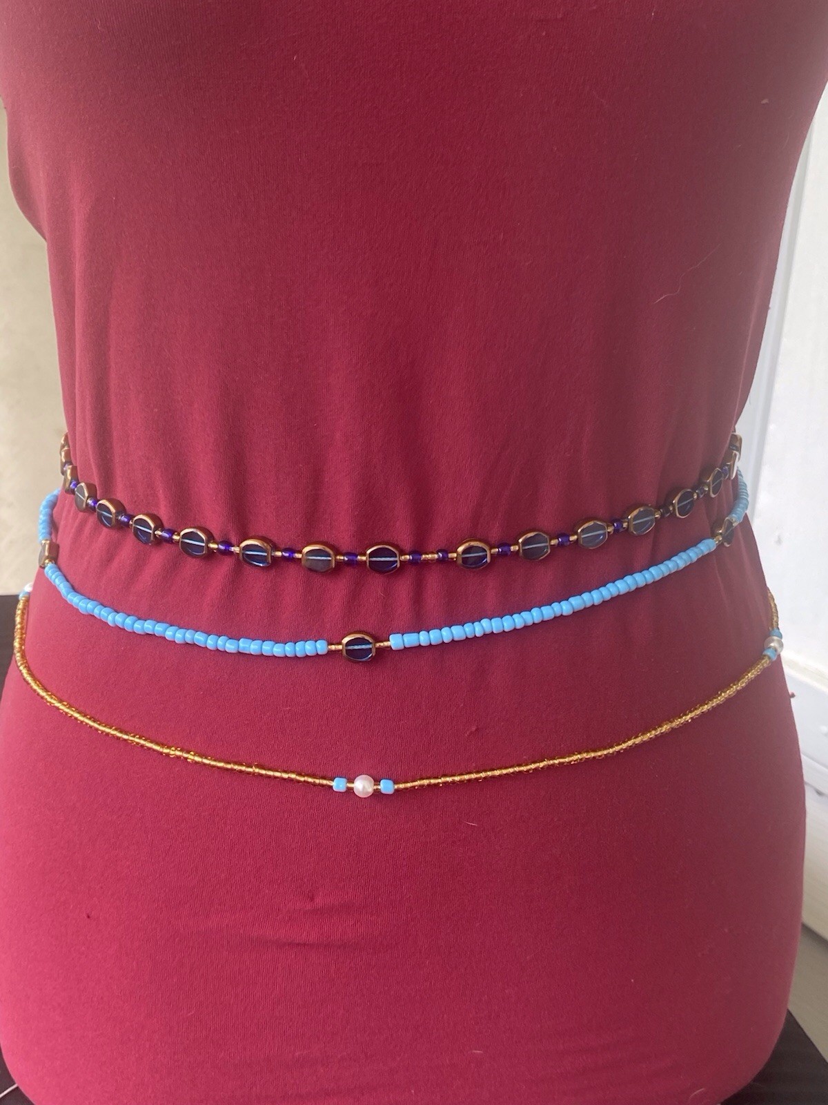 Royal Blue & Gold Waist Bead – Handmade Tie-On Strand with Bold Glass Beads