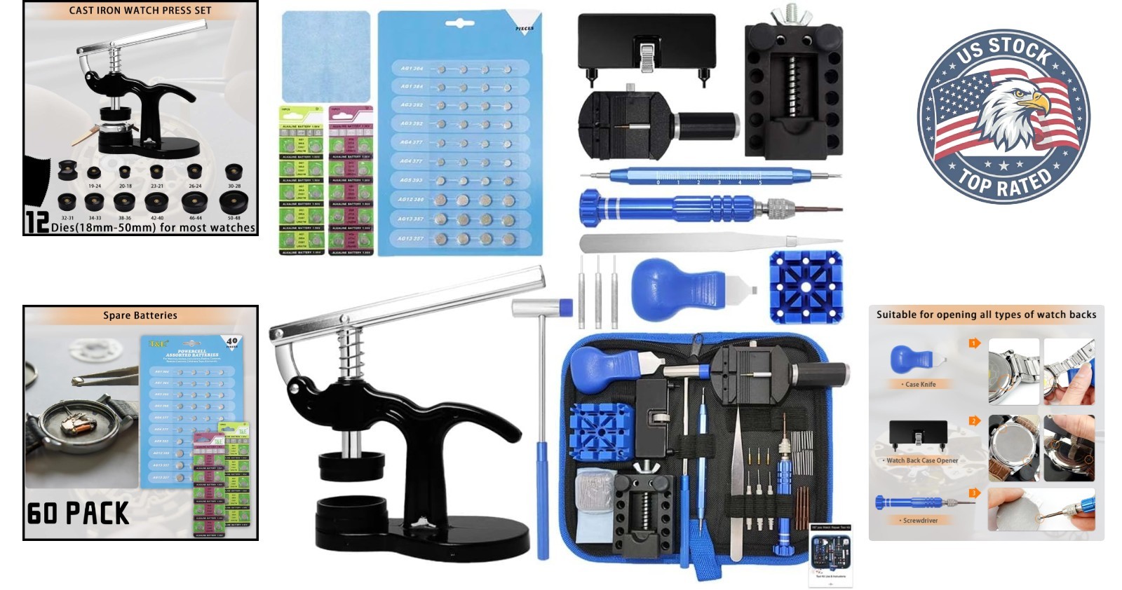 Comprehensive Watch Repair Tools Set with Adjustable Case Opener & Batteries