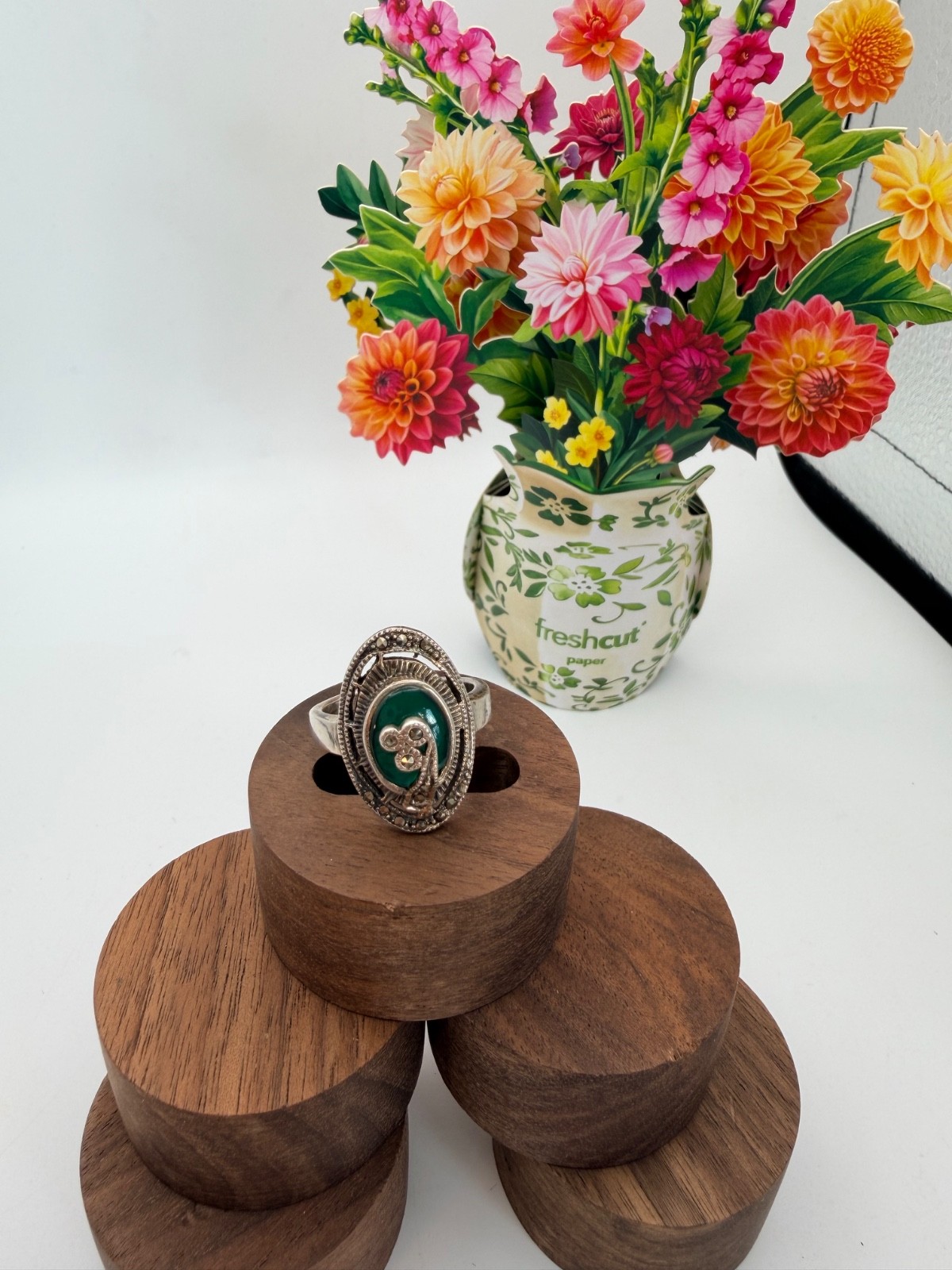 Vintage 925 Sterling Silver Green Agate Marcasite Art Deco Ring Sz 7.5 7.46g