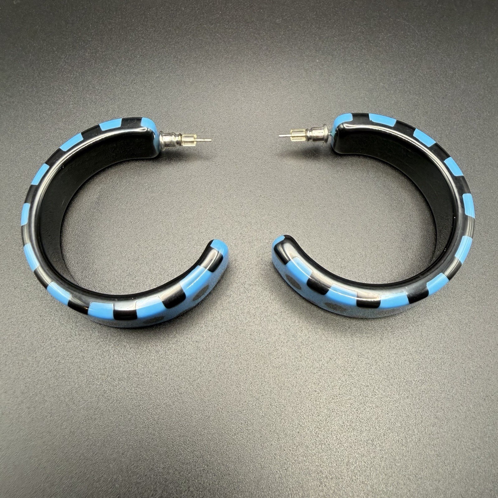 Vintage Black Blue Checkered Hoop Earrings Polka Dot Plastic Resin 1980s Retro
