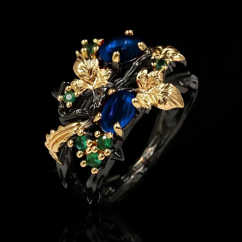 Gothic Branch Leaves Blue Gem Ring Two Tone Black Gold Floral Size 6-10