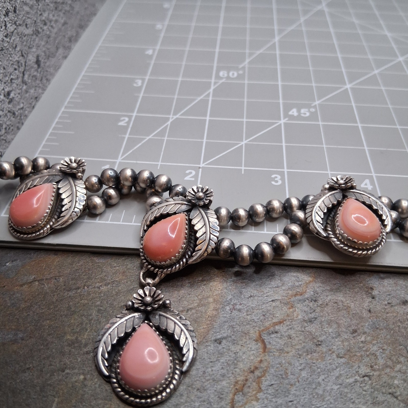 Pink Conch Lariat Necklace 5mm Navajo Pearls 50g Sterling Silver Southwestern