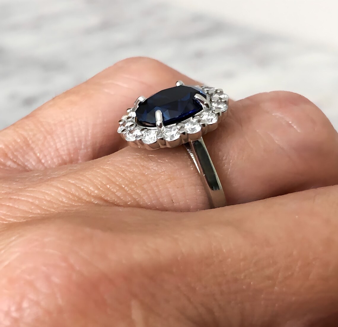 3.94 Ct Oval Natural Sapphire & Diamond Engagement Ring 14K White Gold Size 6