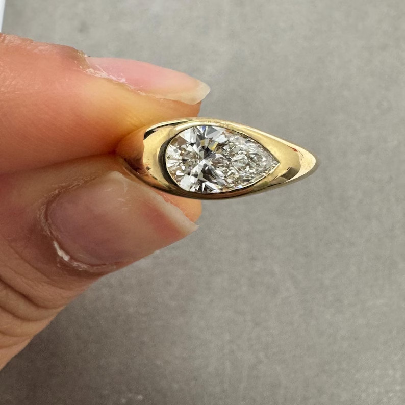 IGI 1.50Ct Pear-Cut EF/VS1 Lab Grown Diamond Bezel Wedding Ring 14K Yellow Gold