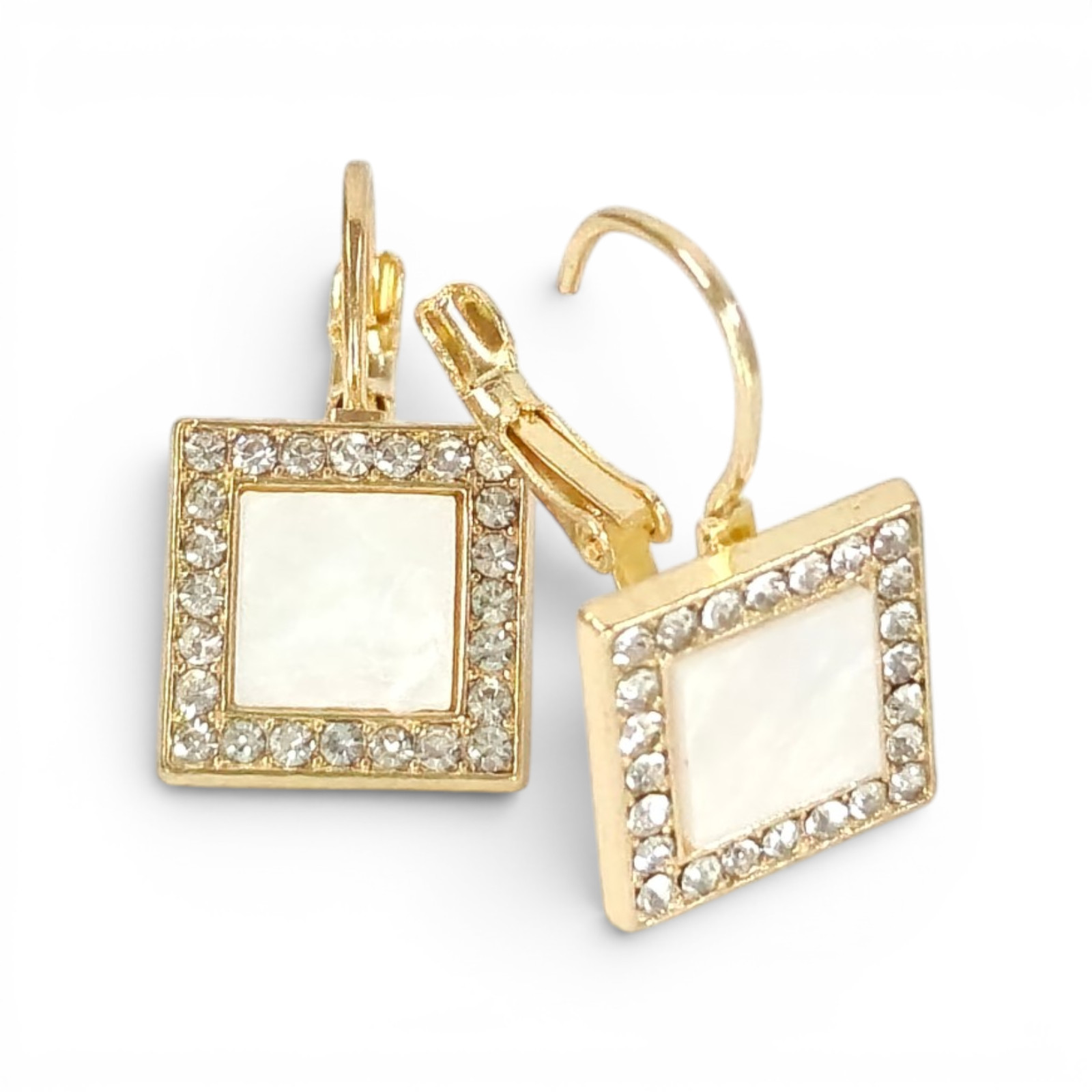 Gold Plated Square Drop Faux Pearl Inlay & Crystal Halo Dangle Party Earrings