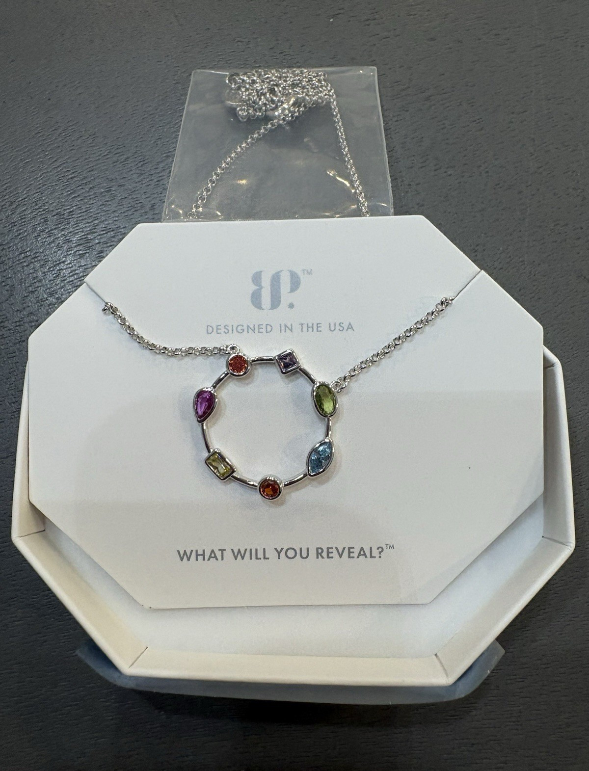 Kendra Scott Rhodium Plated Multicolor CZ Halo Loop Necklace 18″ Adj NK82201