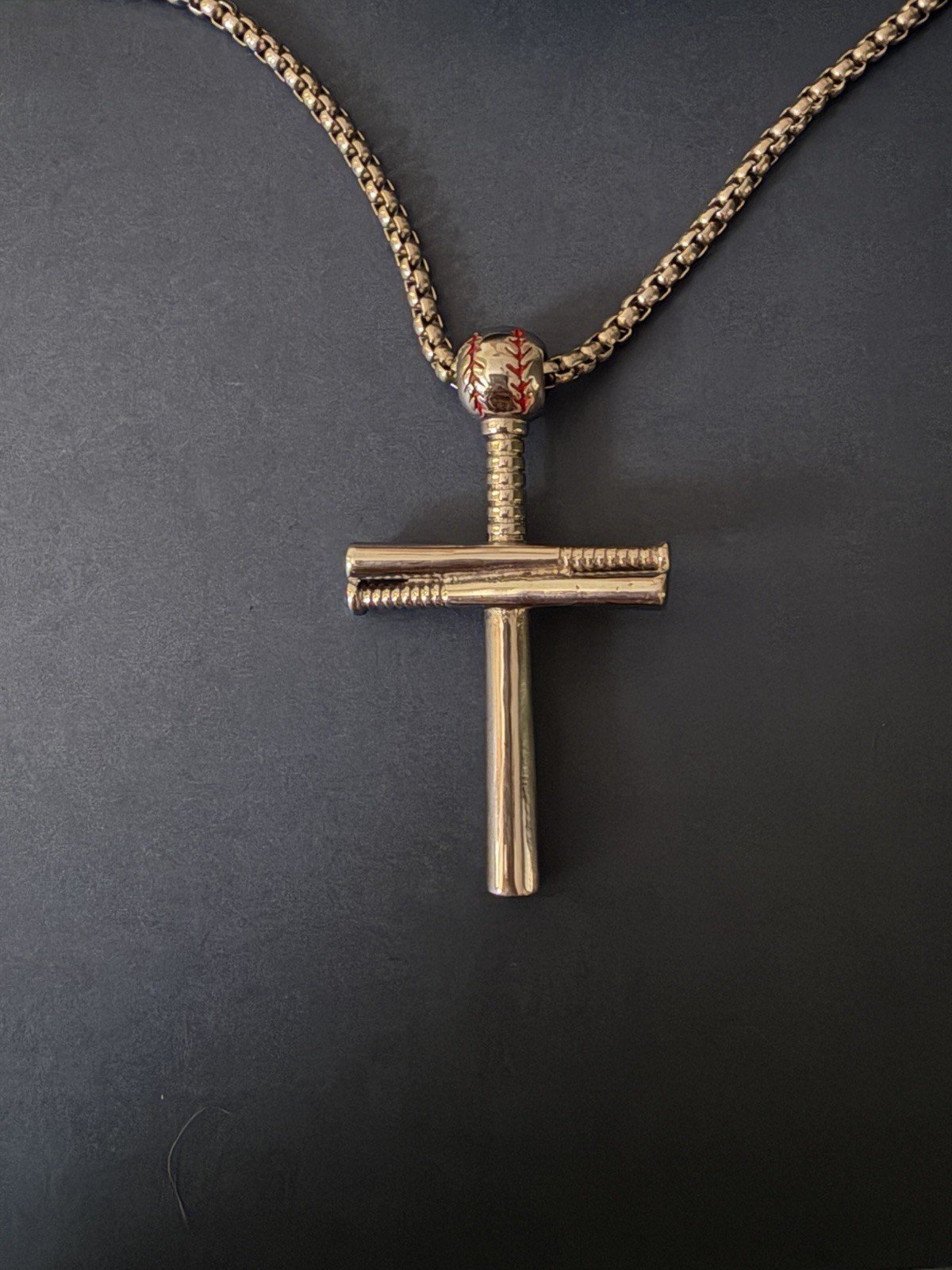 SKOIR Gold Tone Engraved Cross Pendant Necklace baseball theme Religious Signed