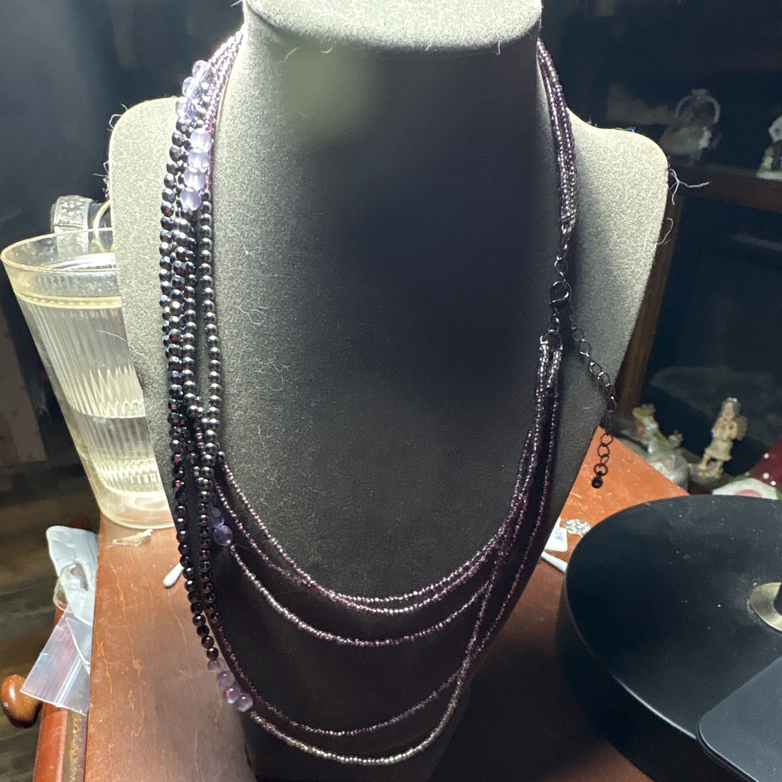 20” 5 Strand Purple Seed Brad, Lavender Acyrlic, and Black Bead Necklace.