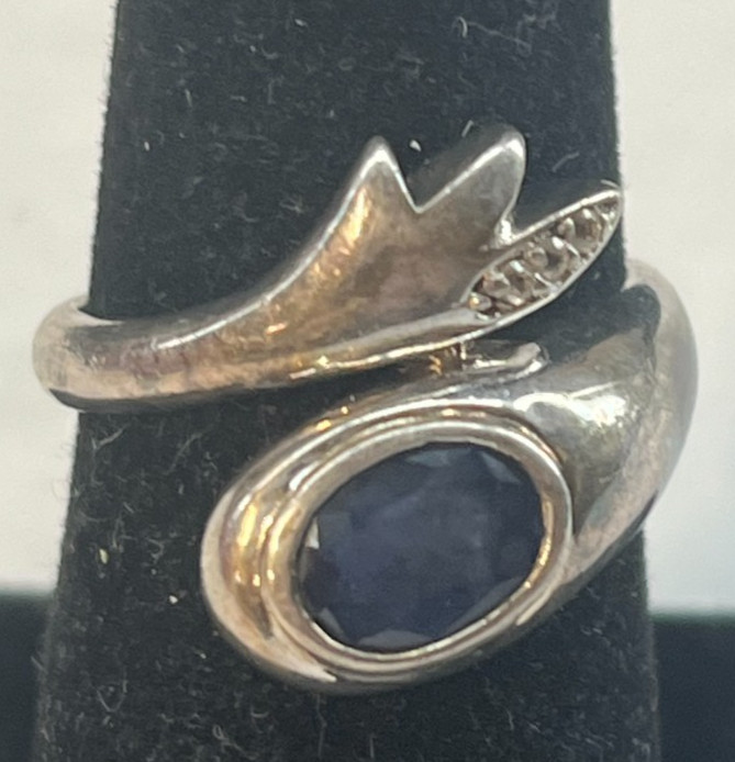 De Buman Sterling Silver 925 Large Oval Blue Sapphire & Topaz Wrap Ring Sz 7.5
