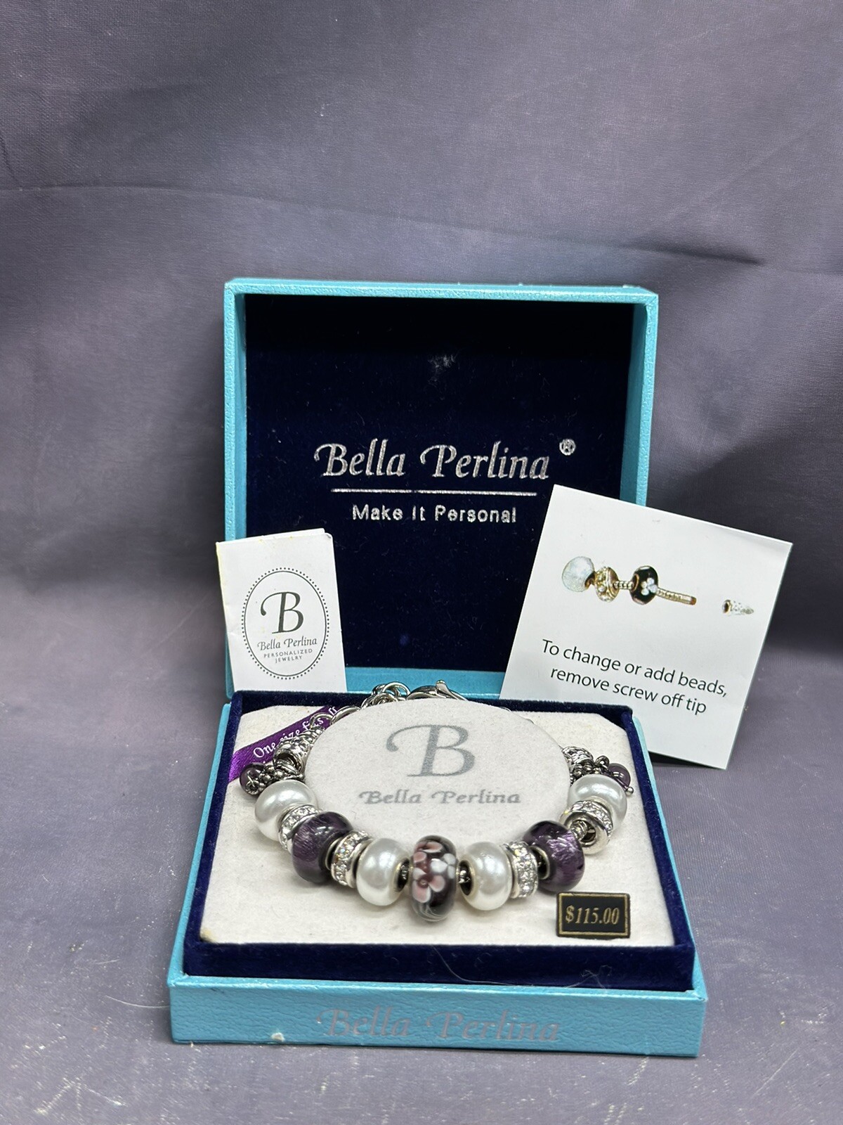 Bella Perlina Charm Bracelet Shades Of Purple / Silver Color One Size Adjustable
