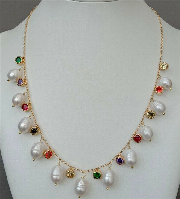 Cultured White Rice Freshwater Pearl Pendant Colorful Pave Chain Necklace