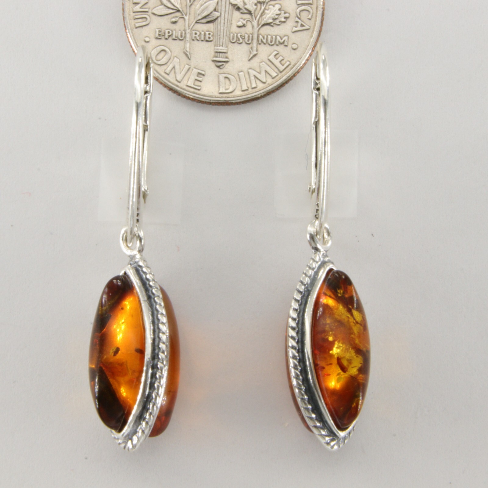 Cognac / Brown BALTIC AMBER Oval Leveback Earrings 925 STERLING SILVER #1591e