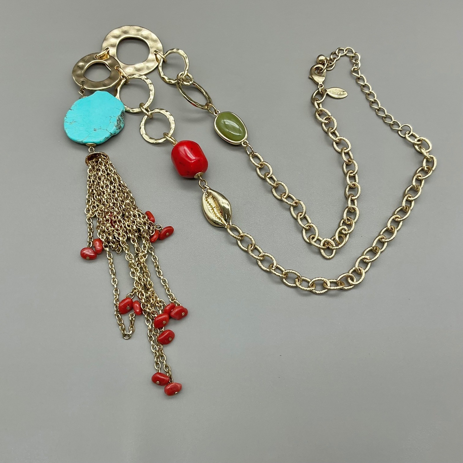Chico’s Necklace Womens Gold Tone Turquoise Red Green Tassel Statement 22-26 In