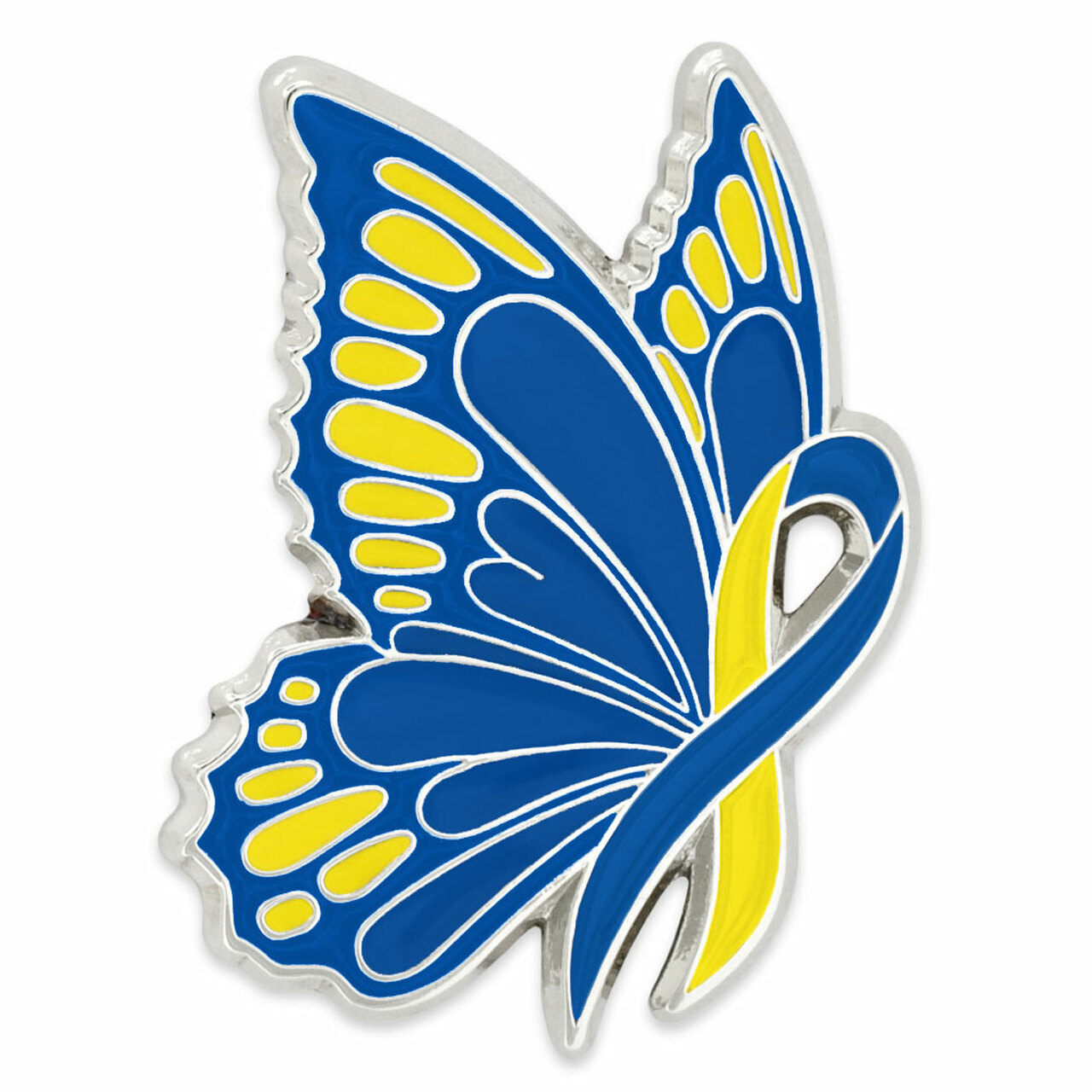 PinMart’s Blue and Yellow Ribbon Butterfly Pin – Awareness Ribbon Enamel Pin