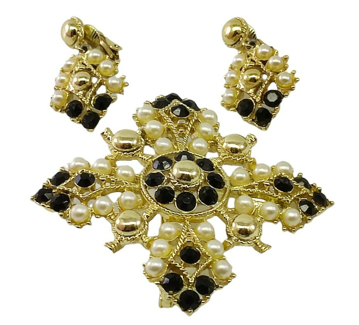 Vintage White Black Gold Tone Brooch & Earrings Set