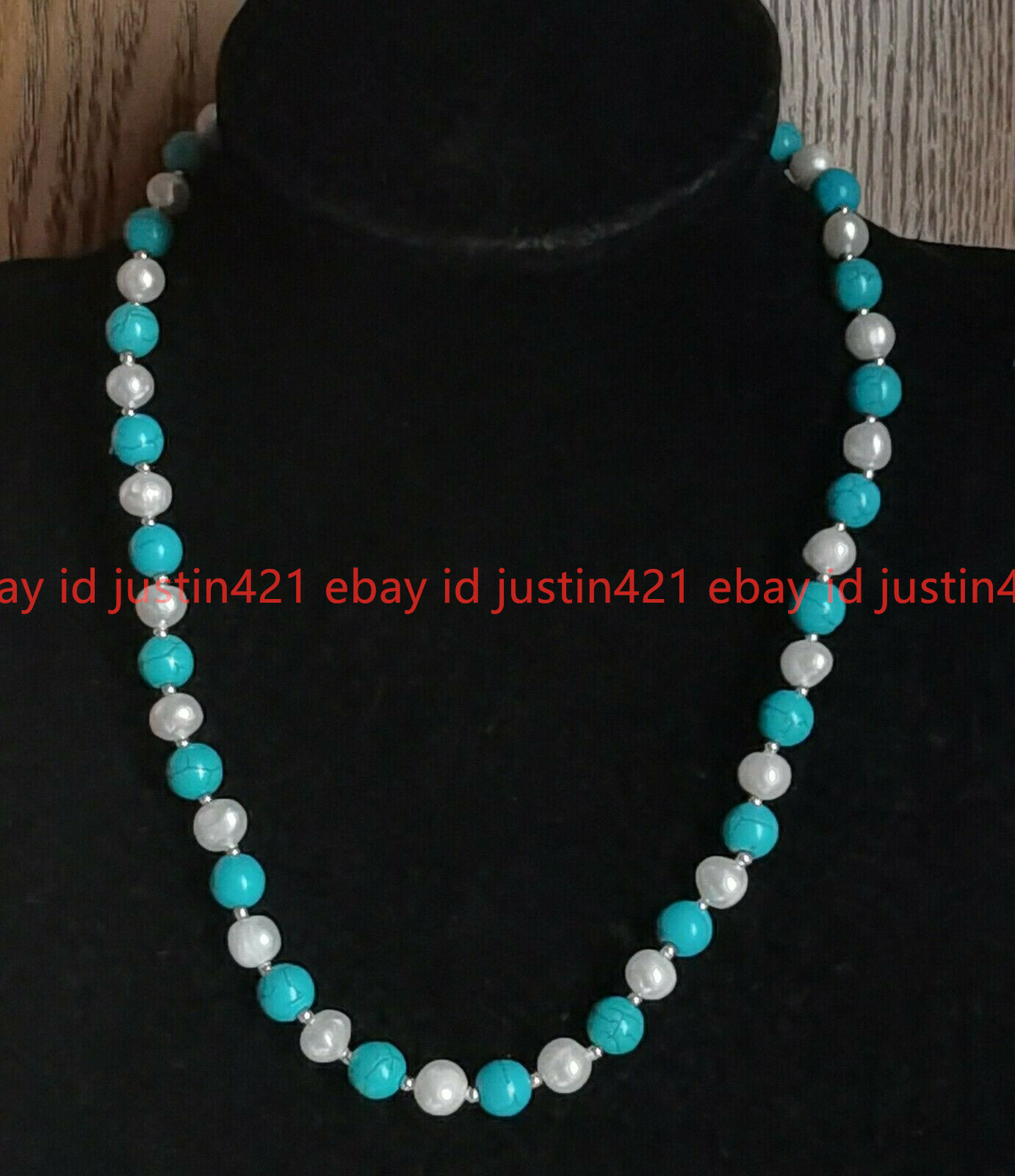Long 36 inch 7-8mm White Pearl 8mm Blue Turquoise Round Beads Necklace