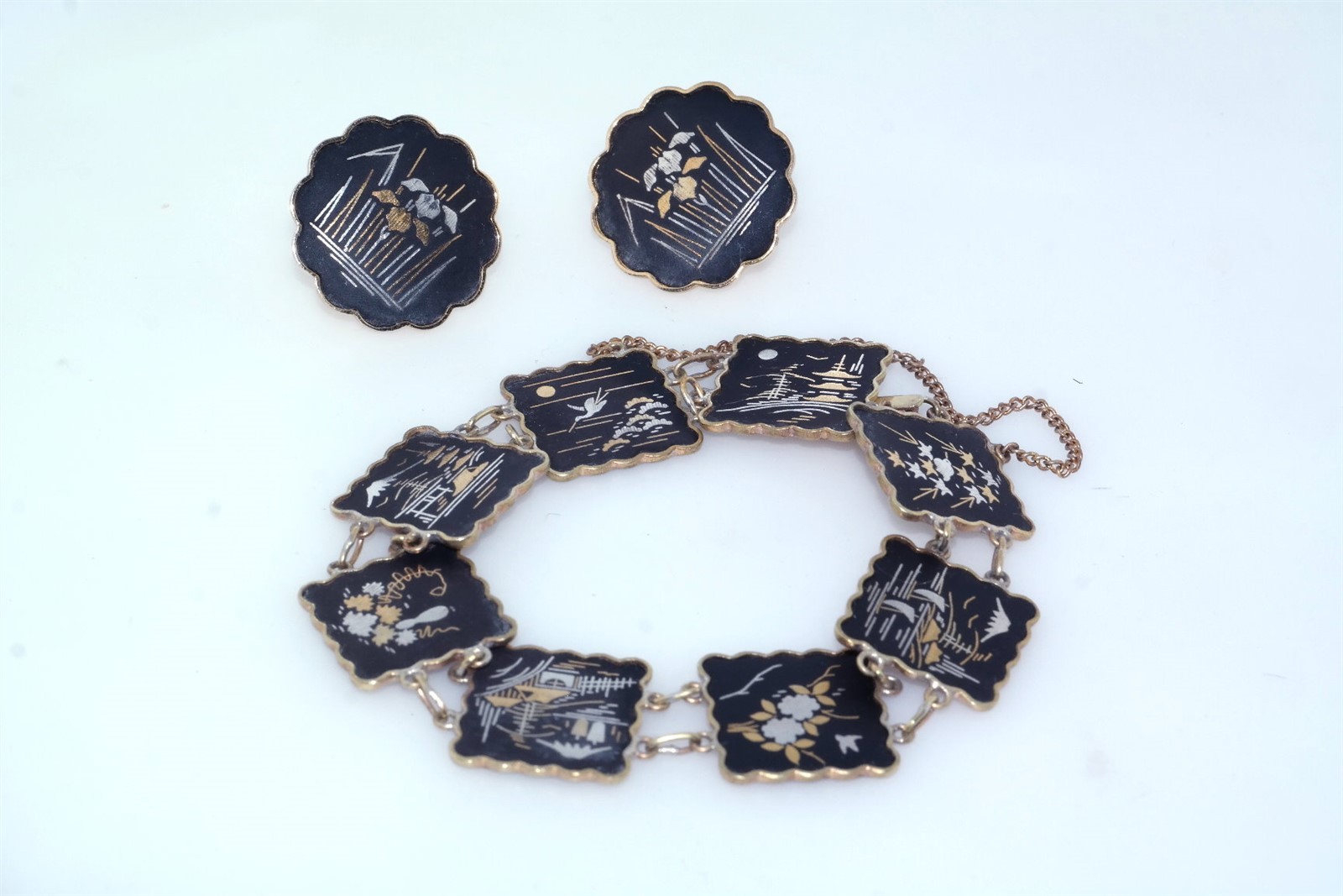 Vtg Japanese Damascene Shakudo Panel Bracelet plus Earrings