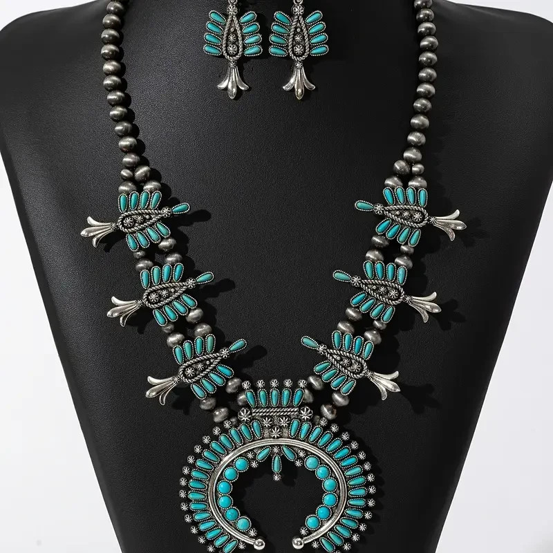 Boho 925 Sterling Silver Gypsy Ethnic Tibetan Turquoise Earrings Necklace Set