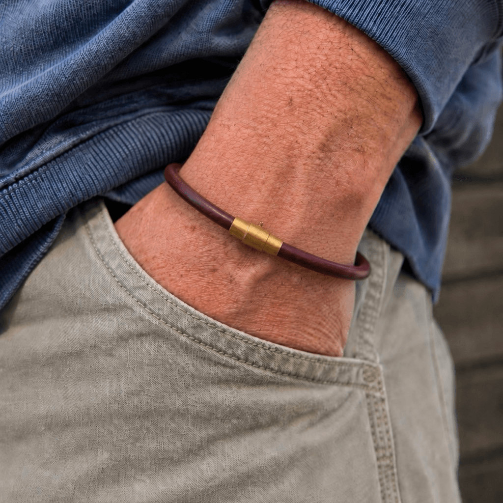Men’s Burgundy Red Leather Bracelet, Antique Brass Barrel Clasp