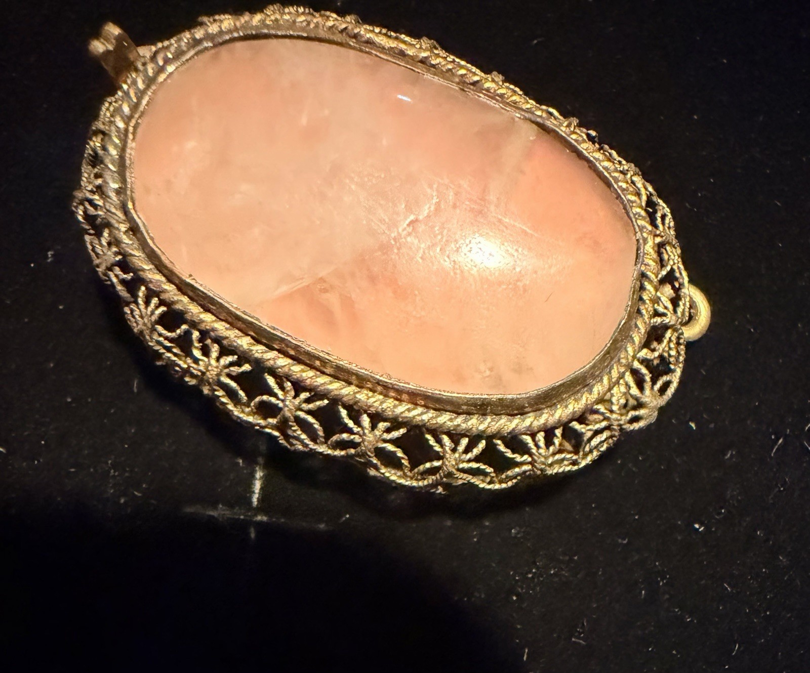 Vintage Mid- 20th Century Rose Pink Quartz Brass Tone Filigree