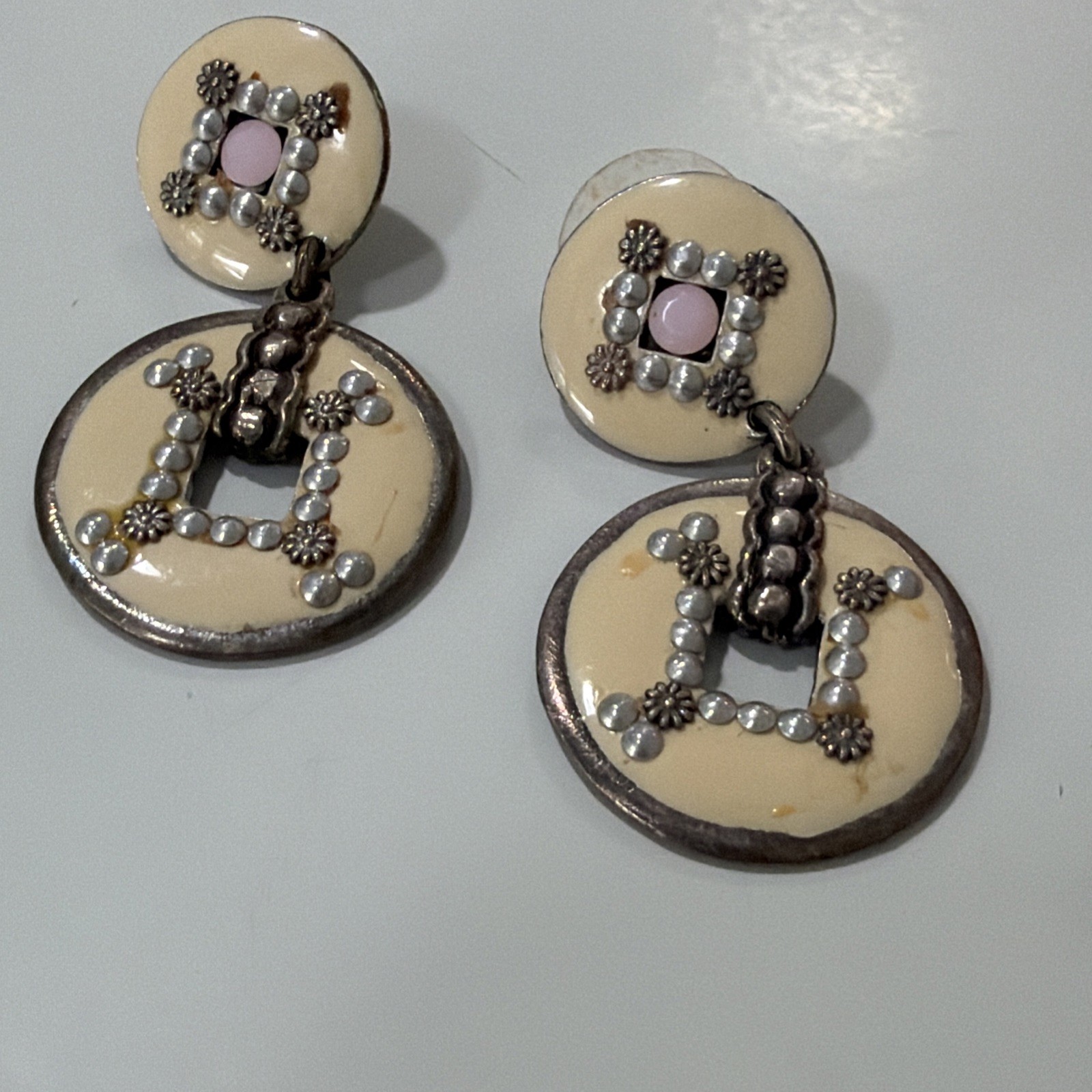 GAS Bijoux Beige Enamel Open circle Dangle Earrings sequins studs Peirced