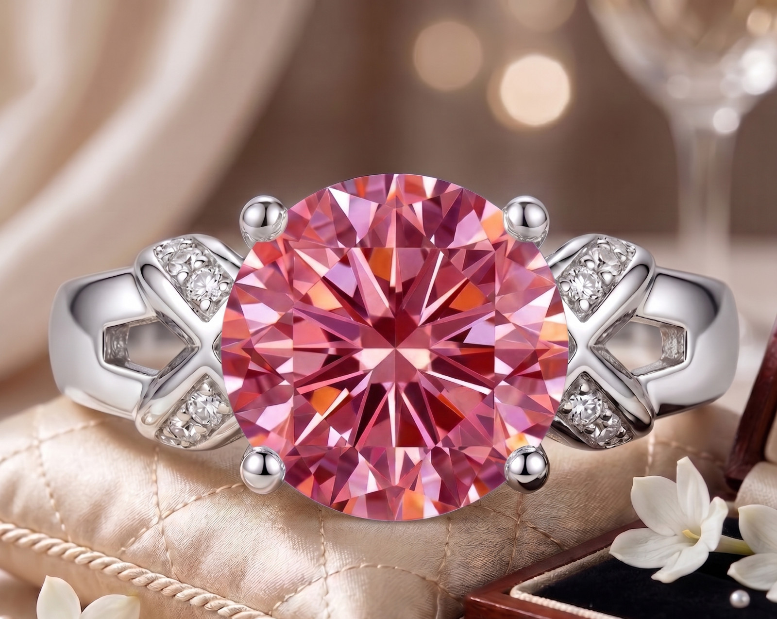 RARE 6.00 Ct Certified Round Shape Pink Natural Diamond Ring White Gold Finish