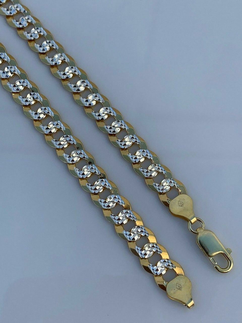 Mens Diamond Cut 8mm Cuban Chain 14k Gold Plated Solid 925 Silver Two Tone ITALY