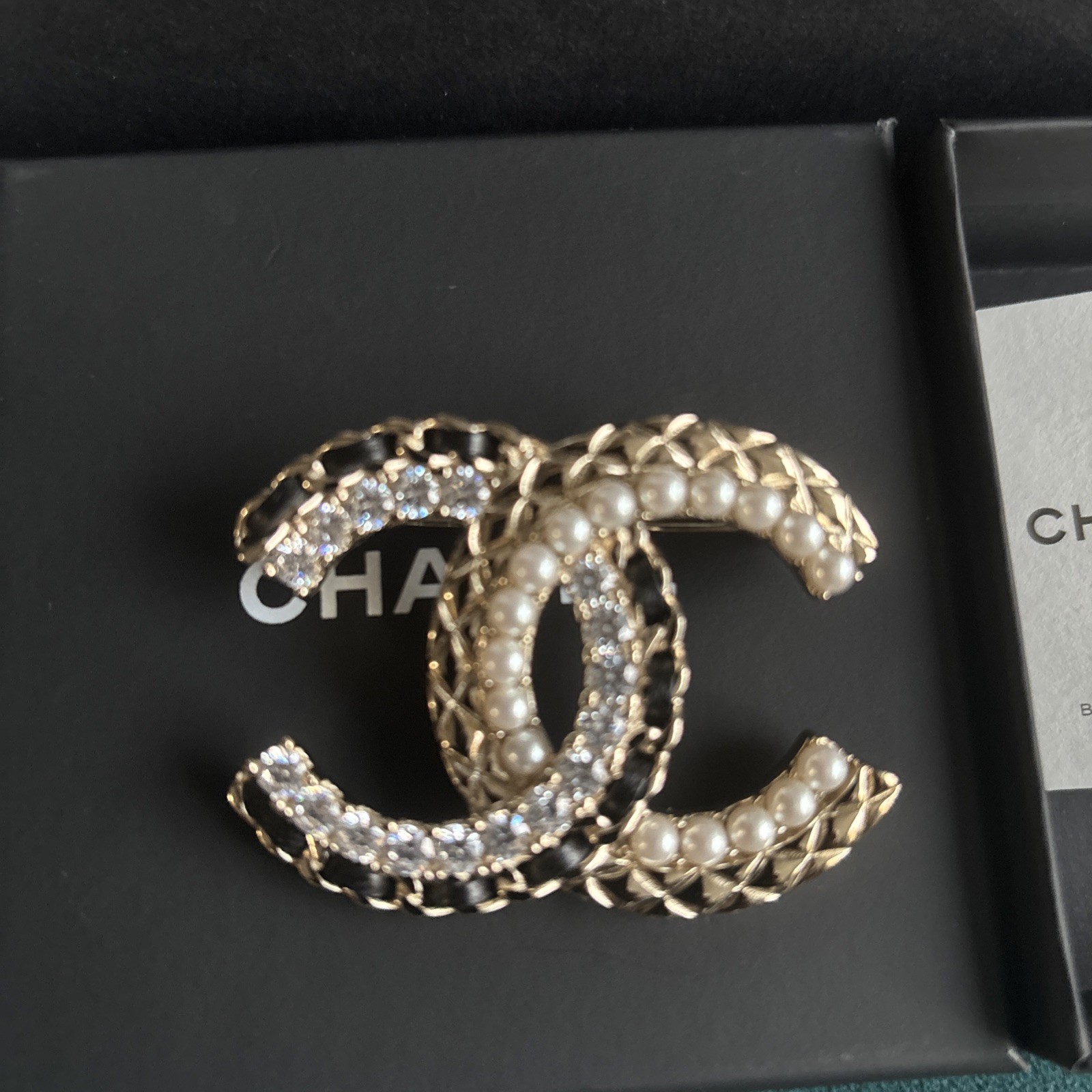 NEW in BOX Large REV Chanel Brooch Pin Gold Black Leather Chain Crystal Pearl CC