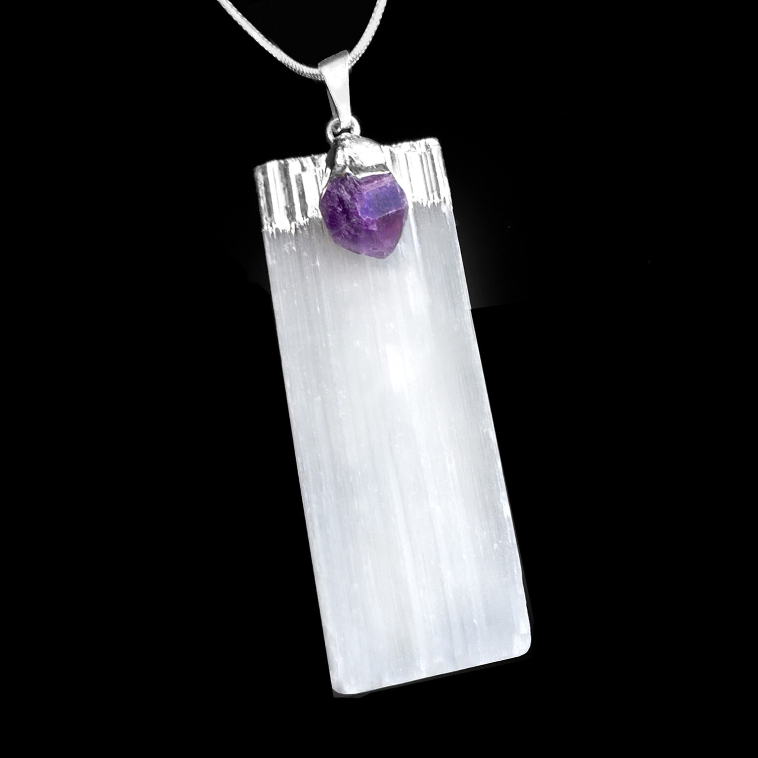 Selenite Amethyst Chakra Crystal Pendant CHARGED 925 Sterling Silver Necklace He