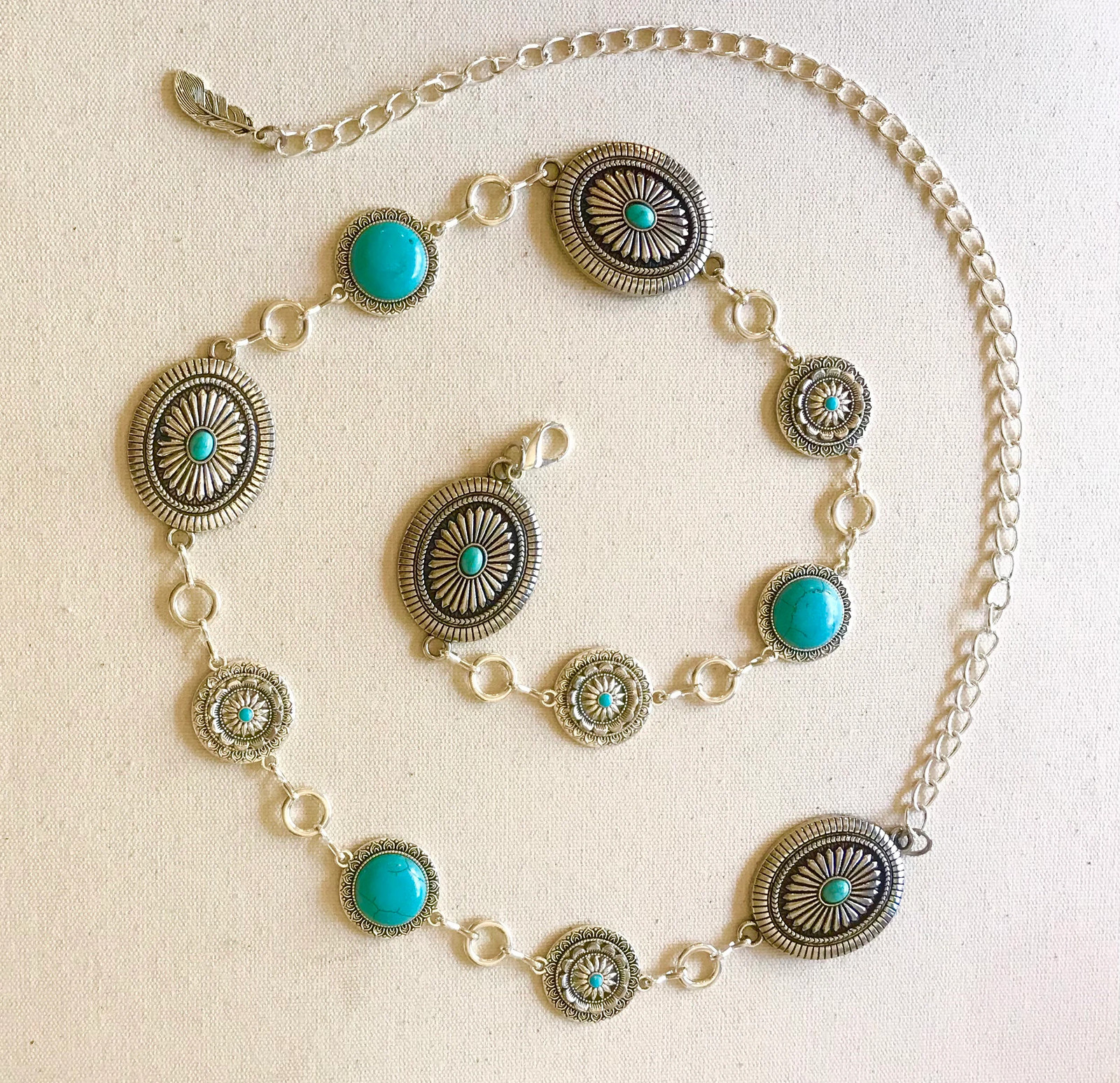 Silver Western Concho link chain belt | Manmade turquoise Metal Belt | Vintage