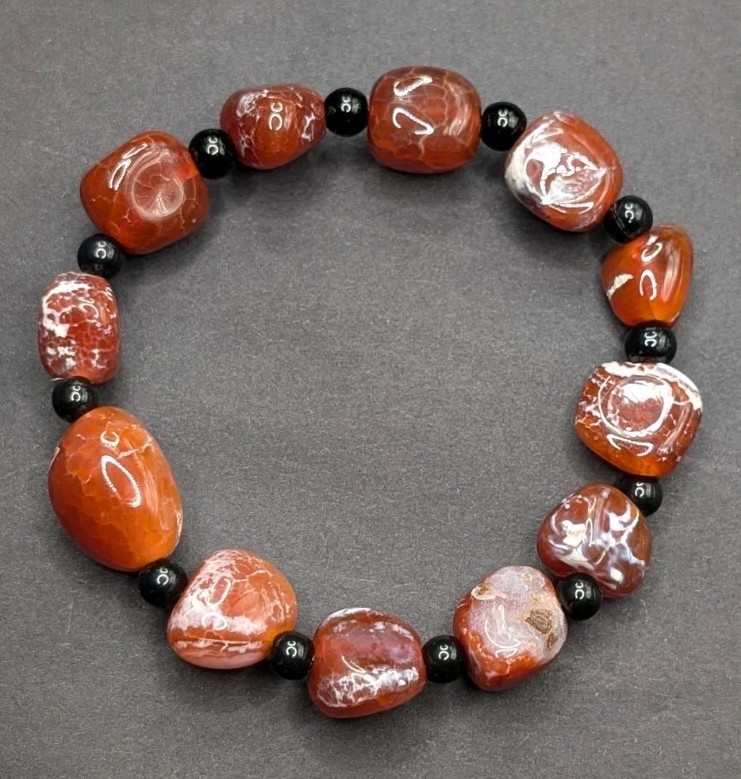 Unisex Red Orange Chunky Fire Agate Beaded Stretch Bracelet (18cm) M Wrist