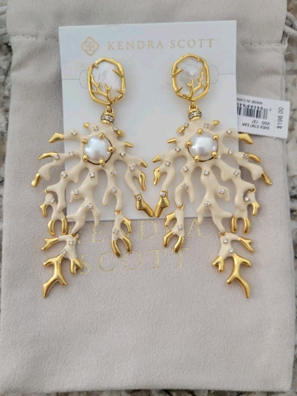 Kendra Scott Shea Statement Earrings Vinta Gold White Mix Pearl NWT $198 Pouch