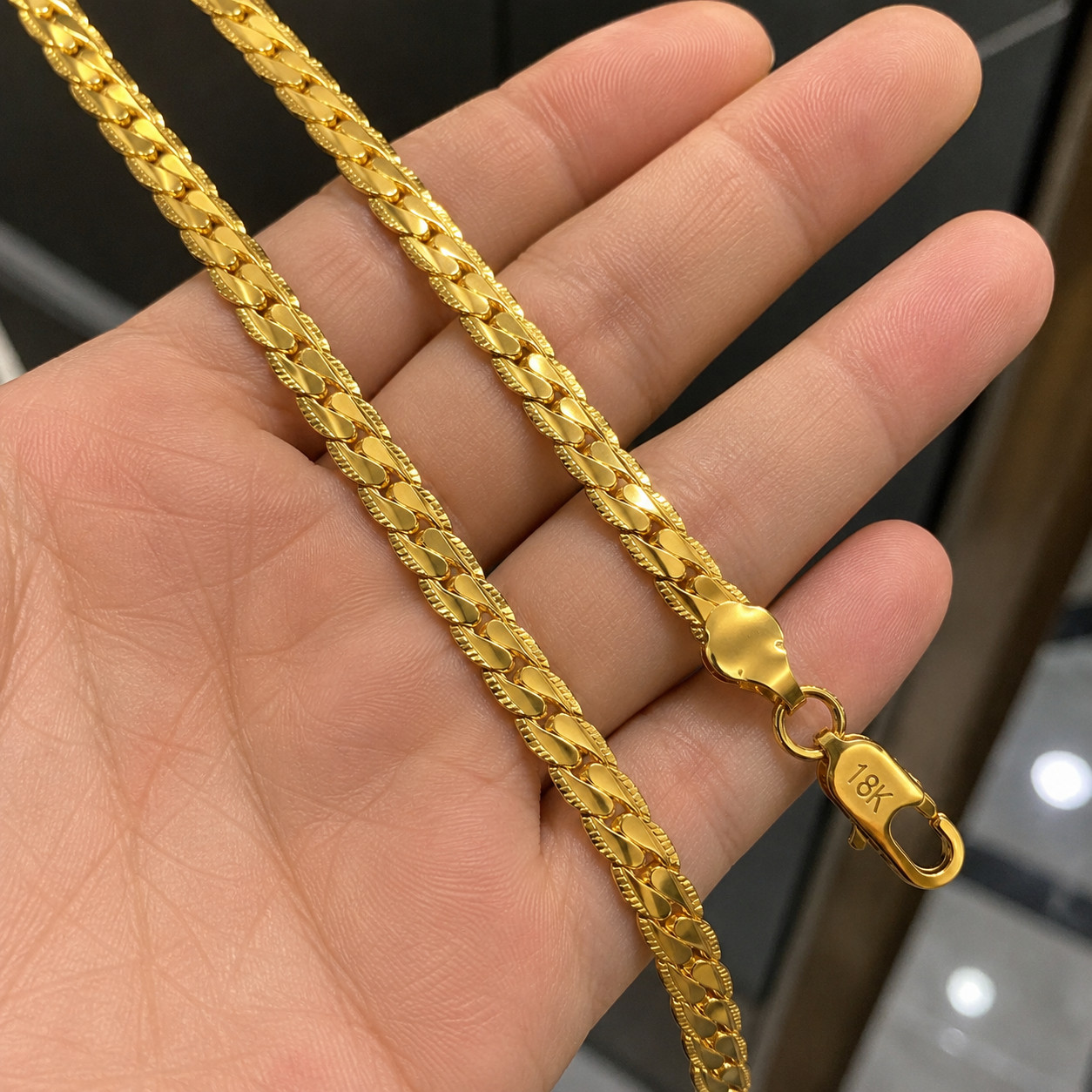 18K Solid Gold 5mm 18” Curb Link Chain Necklace Diamond-Cut Cuban Link Chain