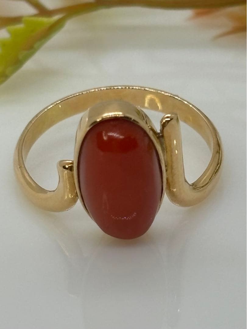 18k Yellow Gold 14.6×8.4mm Natural Japanese Blood Red Coral Ring 4.03g US:8.75