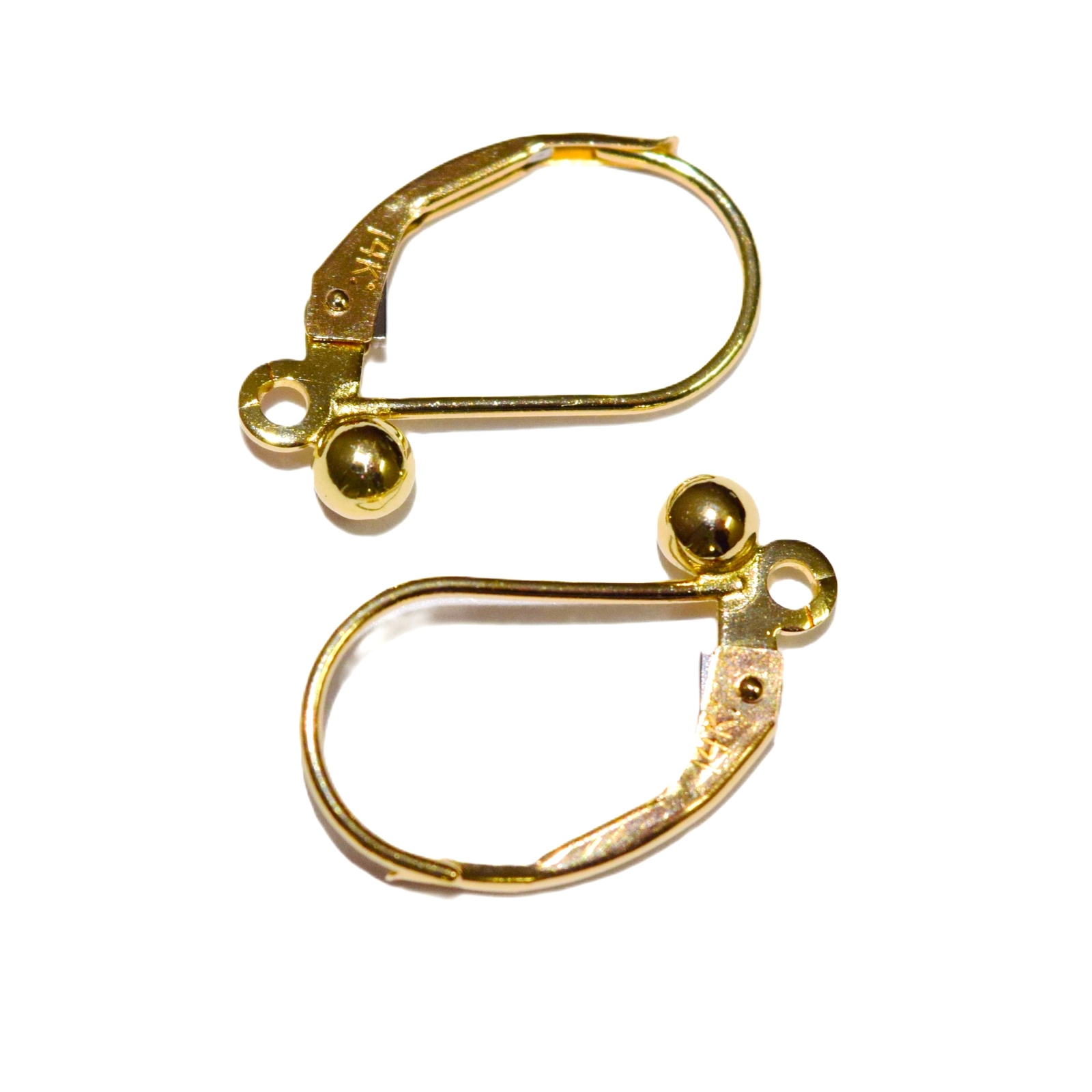 Solid 14K Yellow Gold Leverback Split Ring 3mm Ball Earring Findings 2Pcs/1Pair