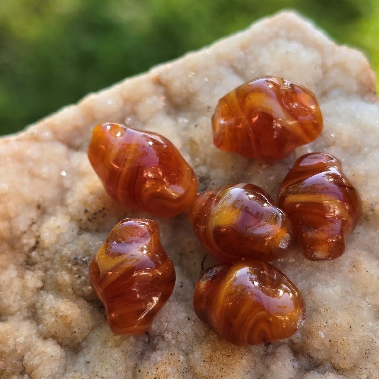 6 Vintage Handmade Lampwork Glass Beads Swirl Caramel Amber Brown Artisan