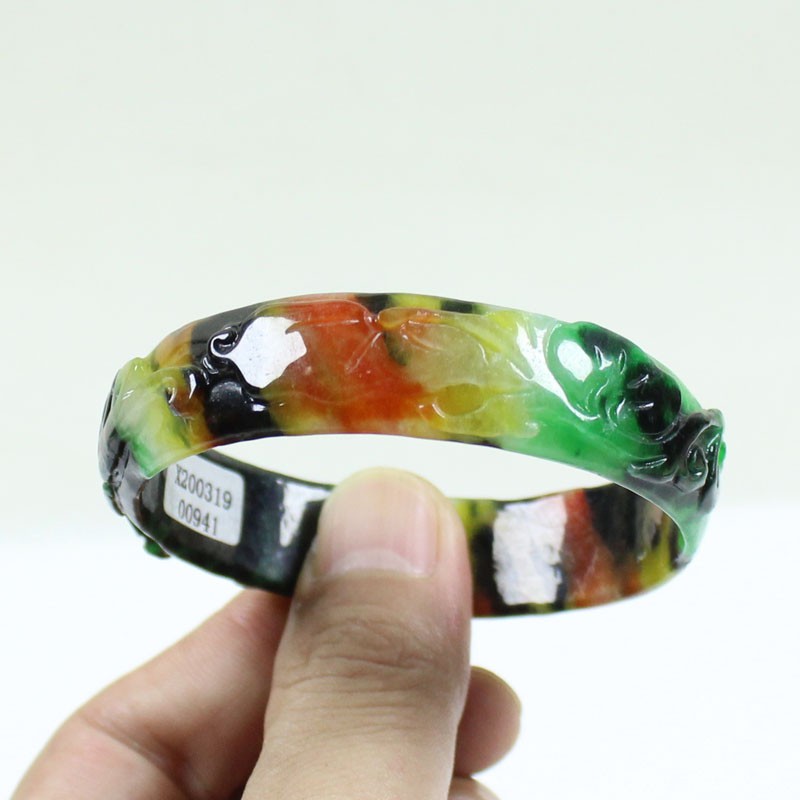 61mm Real Natural Ice Multicolor Burmese Jade jadeite Carving Bracelet Bangle