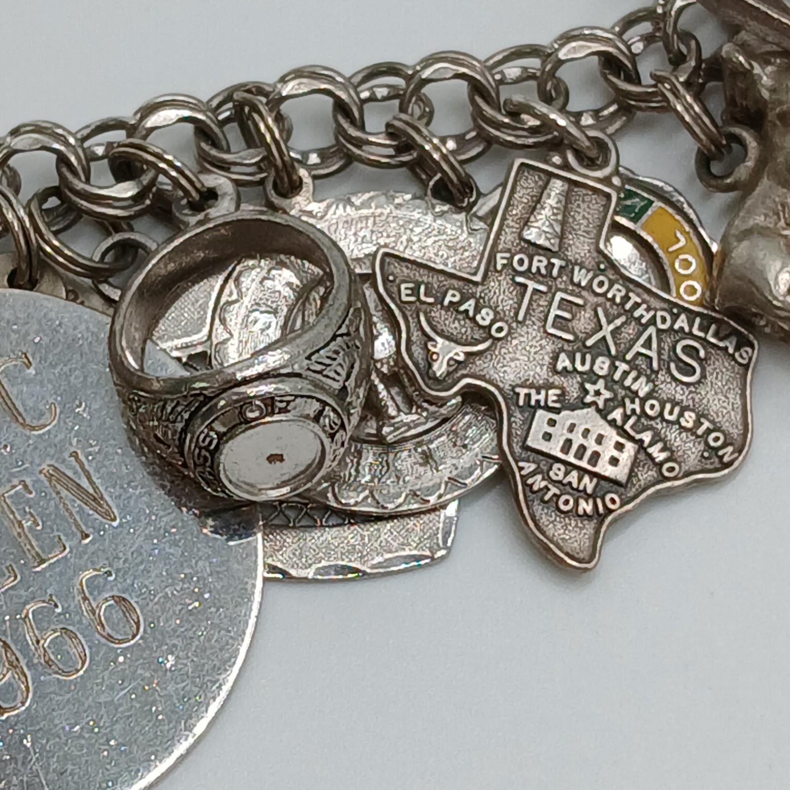 VTG 60s Charm Bracelet 8in Sterling Silver 70g JANE School Travel Faith South US