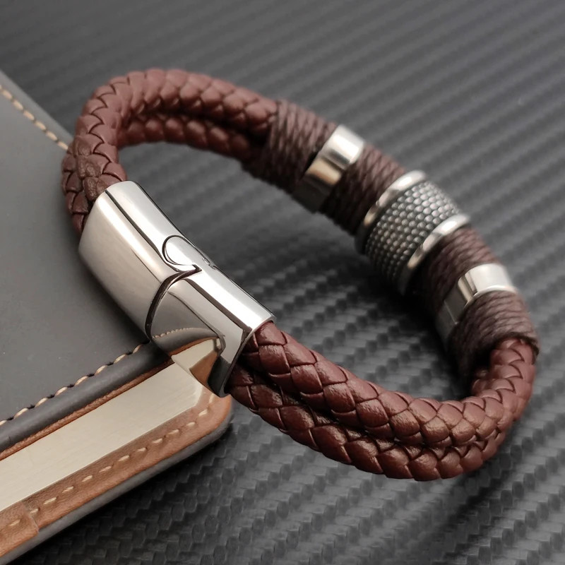 PU Leather Bracelet Multilayer Stainless Steel Bead Charm Men Wrist Jewelry