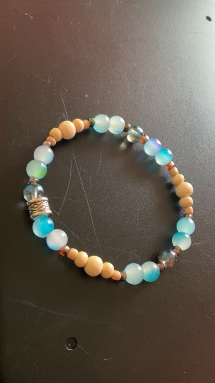 Handmade Blue/Tan Multicolor Stone/Wood/Metal Beaded Bracelet #111, Unisex