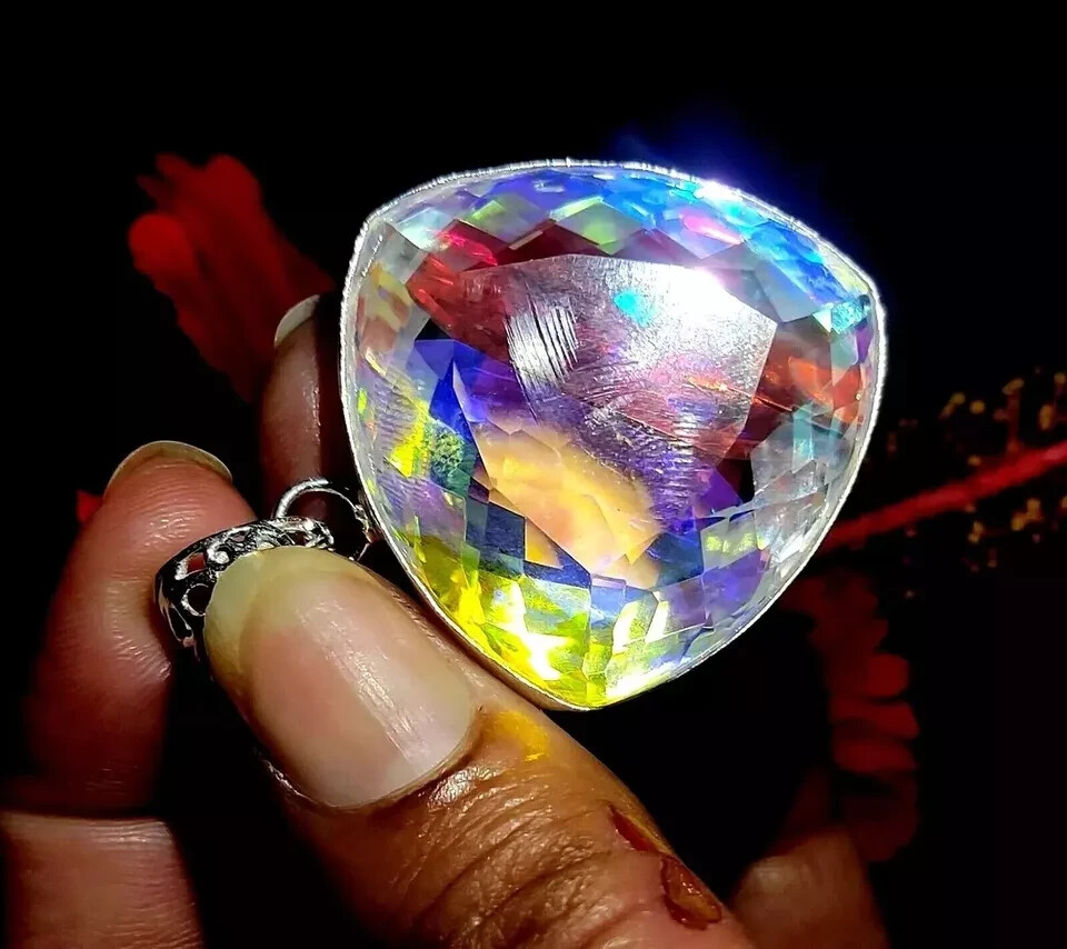 Mystic Topaz 925 Solid Silver Rainbow Trillion Pendant 96 Ct+ Natural Gemstone