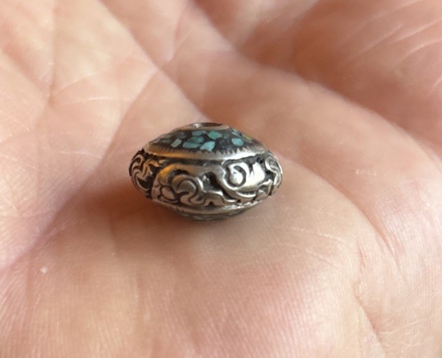 Two Vintage Tibetan Turquoise Beads in Intricate Repousse Silver 15x10mm CC210