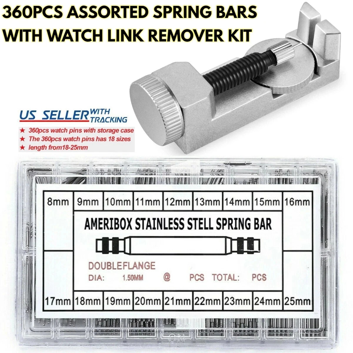 360pcs Watch PINS SPRING BARS Band Strap Link 8-25mm Repair Kit Stainless Steel