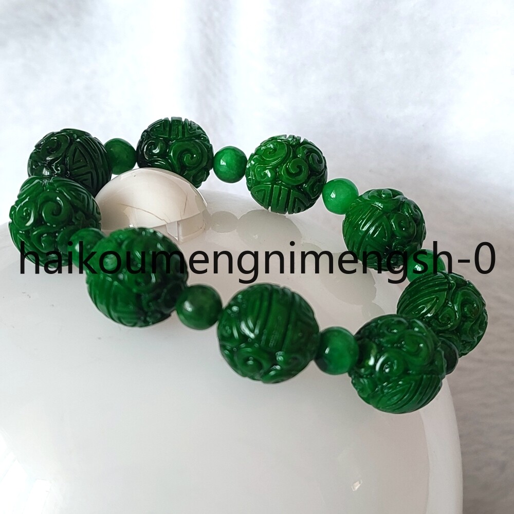 16mm Natural Green Burma Jade jadeite Carved RUYI Round Beads Bracelet 7.5″