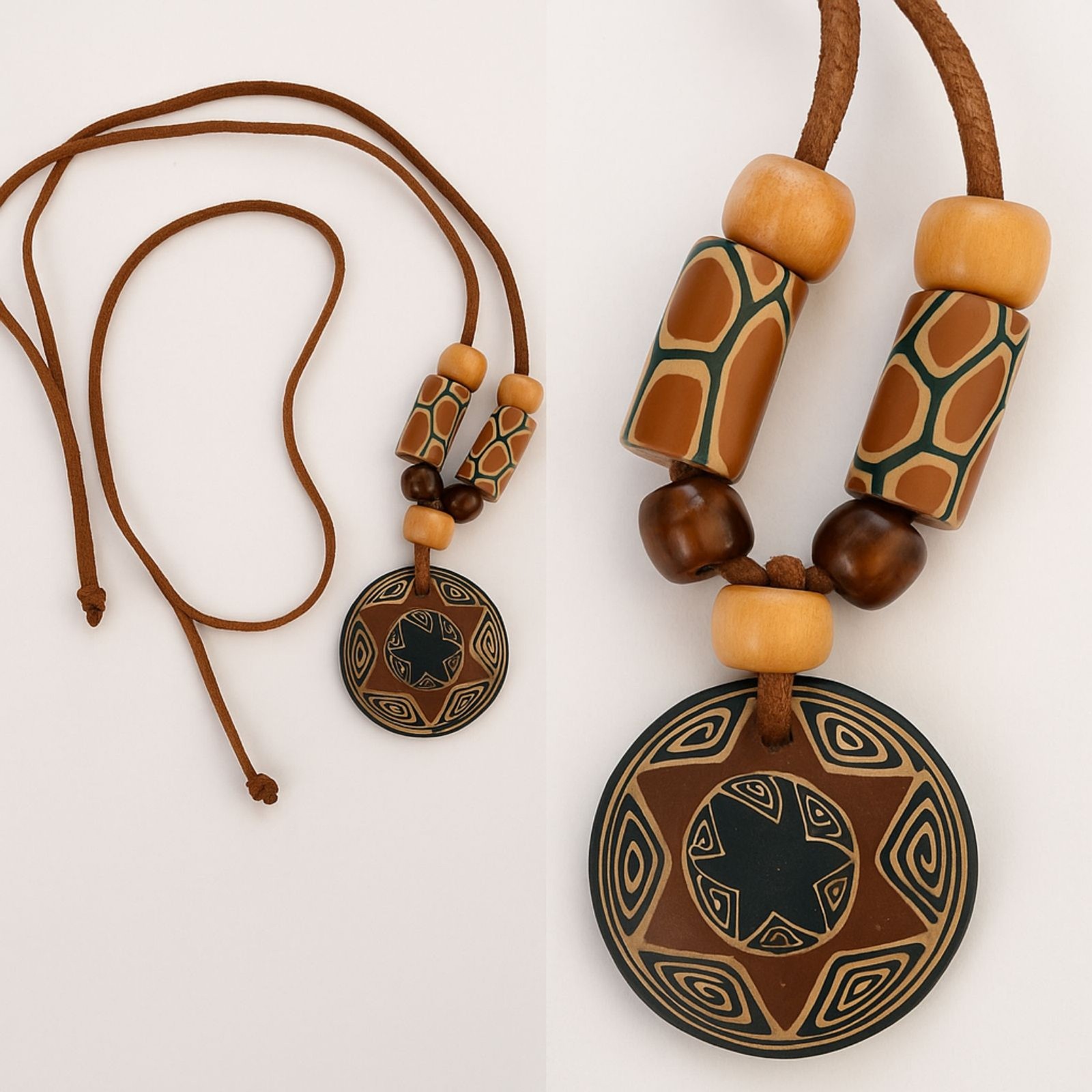 Boho Tribal Style Pendant Necklace Wood & Clay Beads Brown Tan Adjustable Cord