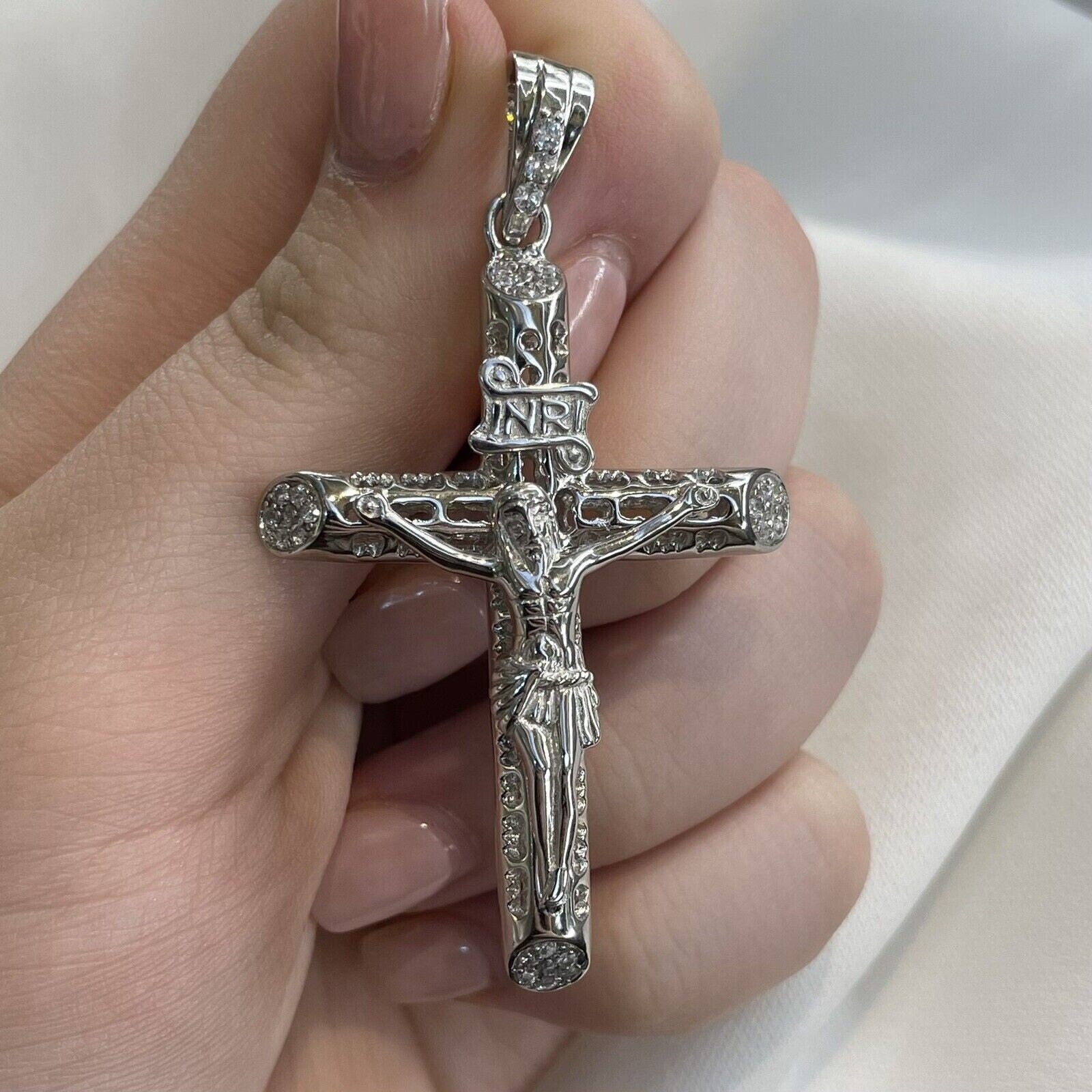 Sterling Silver CZ Crucifix Pendant Set Cross 13.60 Grams – Gift Boxed Pendant