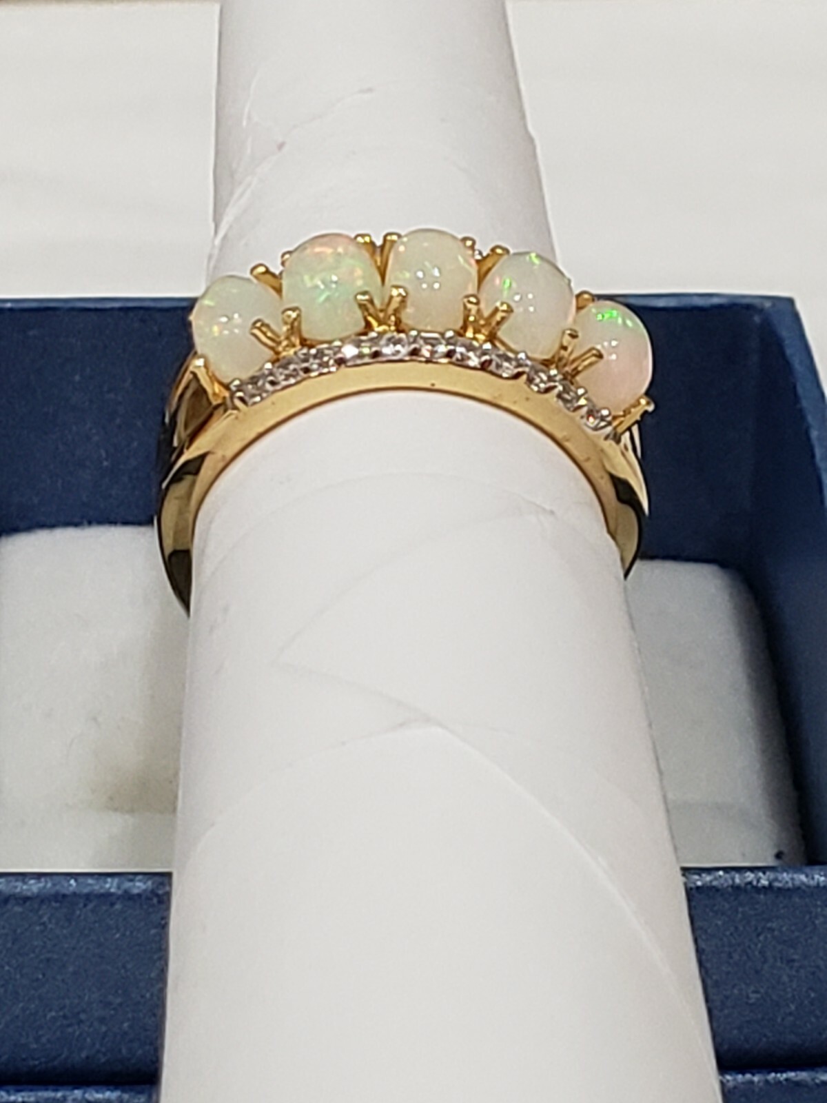 Ethiopian Welo Opal & White Zircon band ring in 14K YG over 925 SS 1.90 cts sz 8