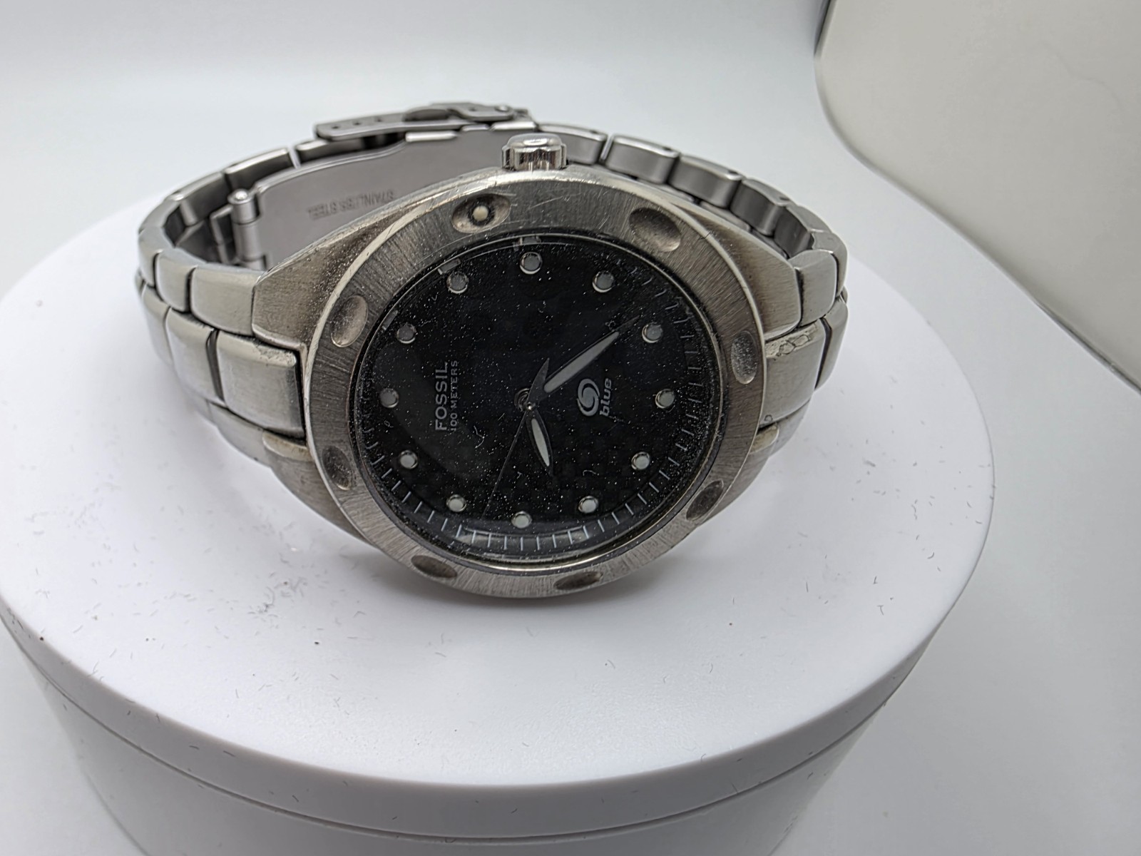 FOSSIL BLUE AM-3287 BLACK DIAL STAINLESS STEAL WITH NEW BATTERY!